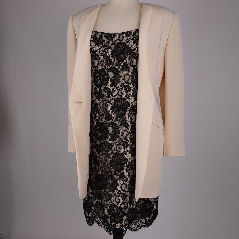 ❄️ Vtg Bonwit Teller 80's Dress Blazer Suit Set Ivory Black Lace Party Cocktail